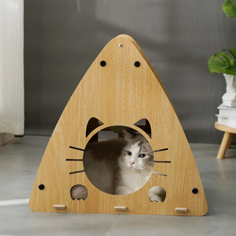 Katzenhöhle, Holz Dreieckige Katzenbett mit Wellpappe Kratzbrett & Katzenball, zum Kratzen und Unterhaltung, 46x28x45 cm
