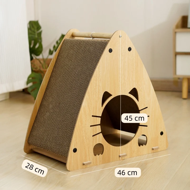 Katzenhöhle, Holz Dreieckige Katzenbett mit Wellpappe Kratzbrett & Katzenball, zum Kratzen und Unterhaltung, 46x28x45 cm