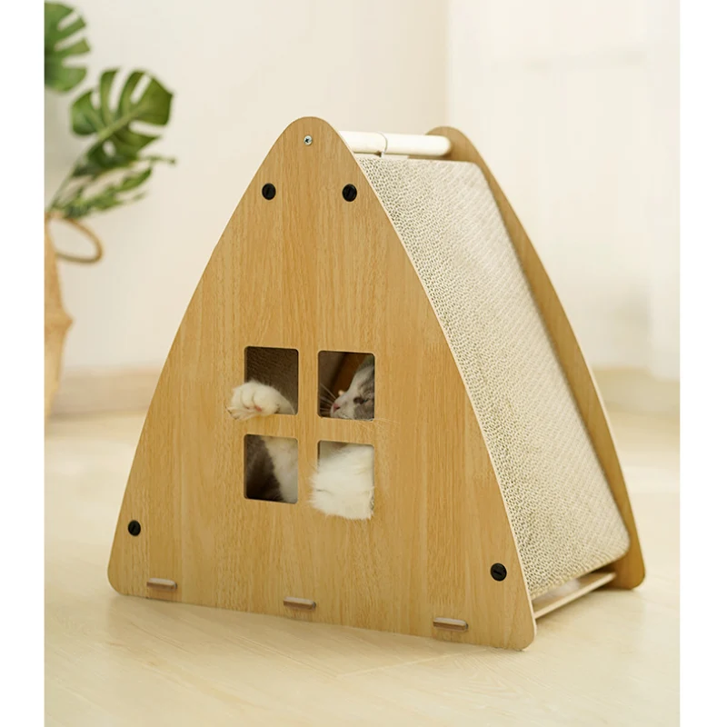 Katzenhöhle, Holz Dreieckige Katzenbett mit Wellpappe Kratzbrett & Katzenball, zum Kratzen und Unterhaltung, 46x28x45 cm