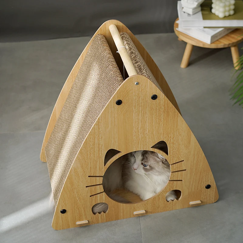 Katzenhöhle, Holz Dreieckige Katzenbett mit Wellpappe Kratzbrett & Katzenball, zum Kratzen und Unterhaltung, 46x28x45 cm