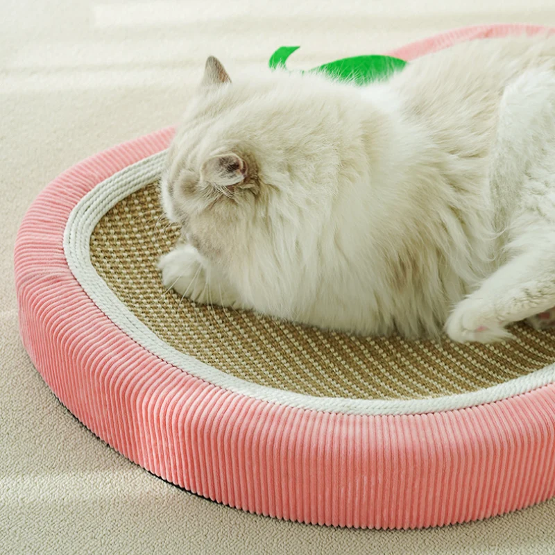 Kratzbrett Katze, Erdbeer-Sisalmatte Katzenbett mit Plüschbällen, Gebogenes Design, einen komfortablen Ort zum Kratzen & Ruhen
