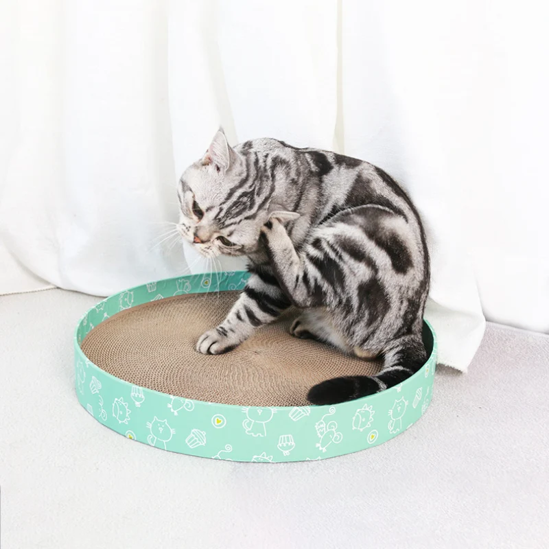 Katzenbett, Wellpappe Kratzbrett, Grüner Cartoon-Muster Rundform, 36 cm Durchmesser, Kratz- & Ruheplatz für Katzen unter 4 kg
