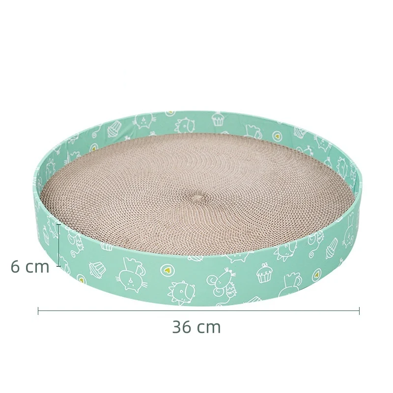 Katzenbett, Wellpappe Kratzbrett, Grüner Cartoon-Muster Rundform, 36 cm Durchmesser, Kratz- & Ruheplatz für Katzen unter 4 kg