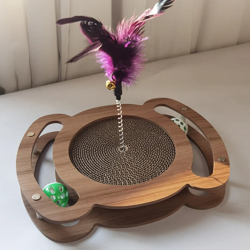 Kratzbrett für Katzen, Holz Katzenkratzbrett mit Wellenpapier, Spielzeugball & Katzenangel, Langlebig, Vielseitig Entspannen