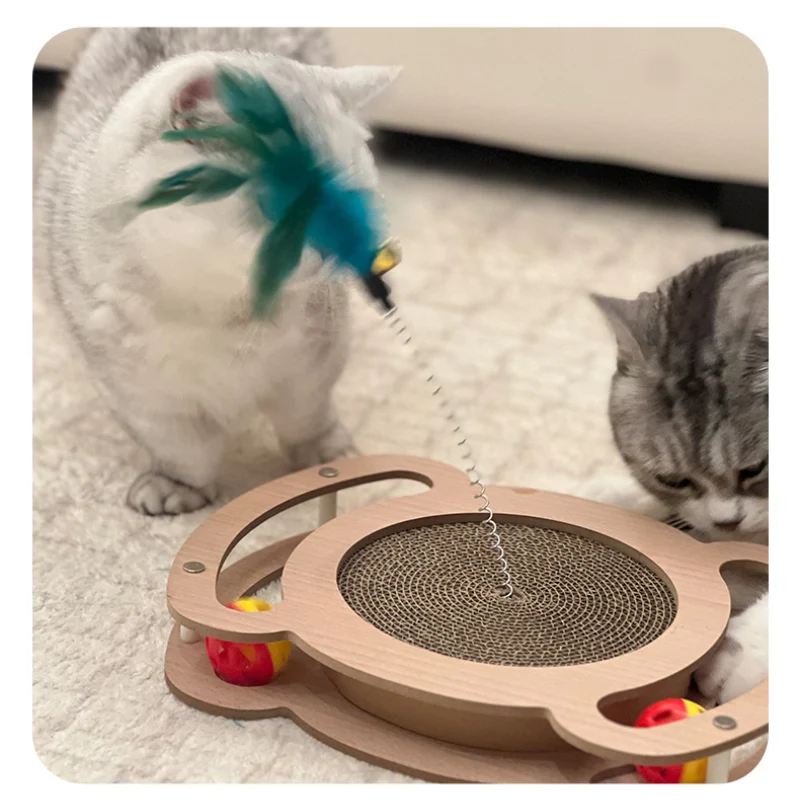 Kratzbrett für Katzen, Holz Katzenkratzbrett mit Wellenpapier, Spielzeugball & Katzenangel, Langlebig, Vielseitig Entspannen