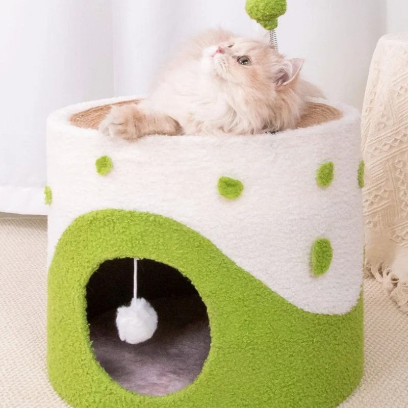 Kratztonne, Sisal Kratzbrett & Katzenhöhle mit Frühlings-Katzenangel und Fellball, Grün, Gelb und Pink, Katzen bis 12,5 kg