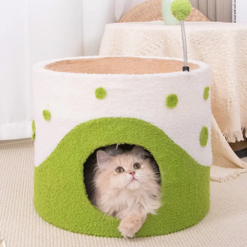 Kratztonne, Sisal Kratzbrett & Katzenhöhle mit Frühlings-Katzenangel und Fellball, Grün, Gelb und Pink, Katzen bis 12,5 kg