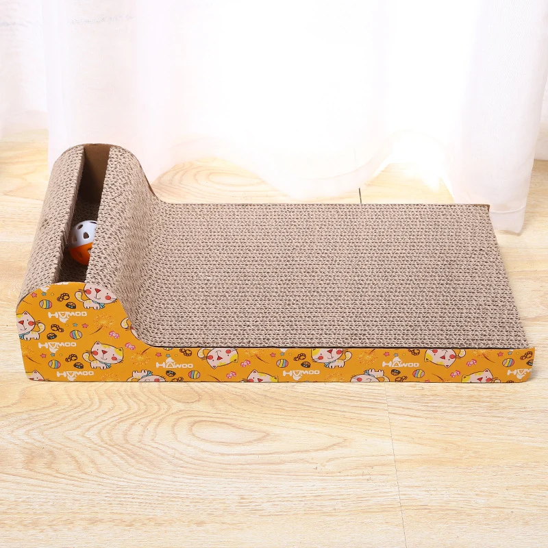 Kratzbrett Katze, Wellpappe Kratzmöbel mit Glocke für kratzfreudige Katzen, Zufälliges zweiseitiges Muster, 45x23x4 cm