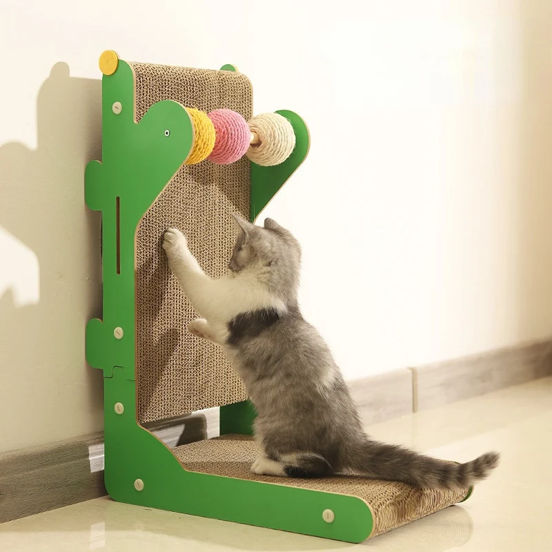 Kratzbrett Katze, Kaktus L-förmige Stehende Wellenpapier Katzenkratzmatte mit 3 Sisalbällen, Kann Möbel & Wände schützen