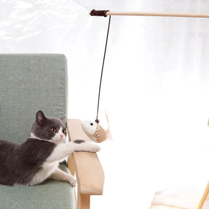 Katzenangel Katzenspielzeug Naturholzstab Mit Elastischer Kordel und Glöckchen Mit Sisalanhänger, hochgradig interaktiv (1 Stück)