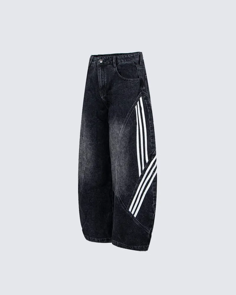Striped Panel Washed Denim Pants