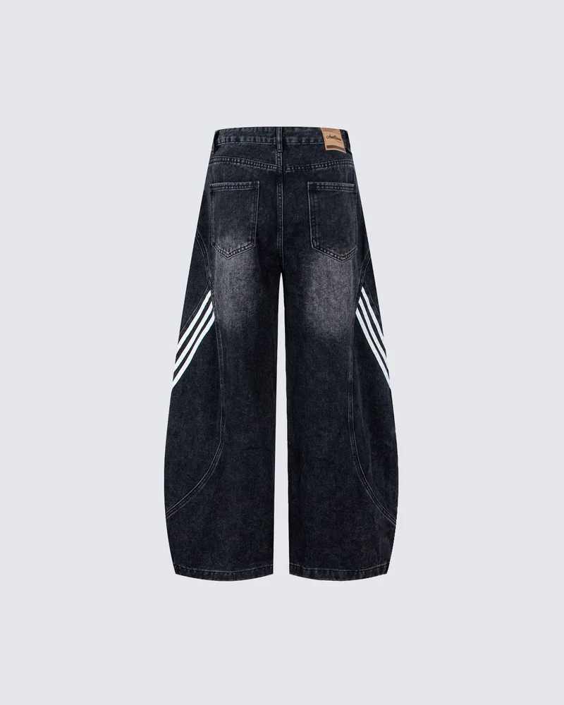 Striped Panel Washed Denim Pants