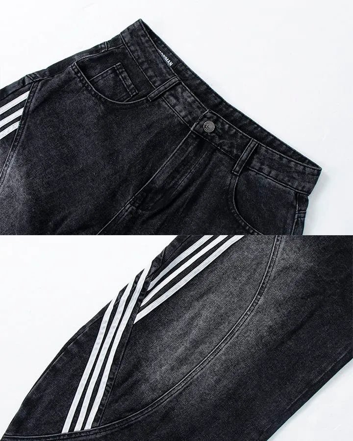 Striped Panel Washed Denim Pants