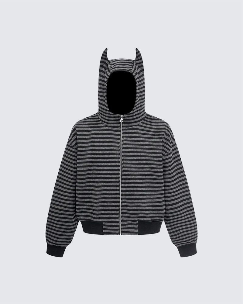 Devil-Horn Striped Hooded Jacket
