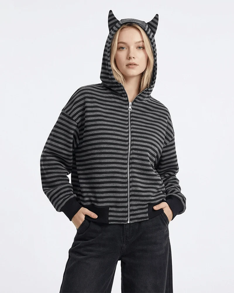 Devil-Horn Striped Hooded Jacket