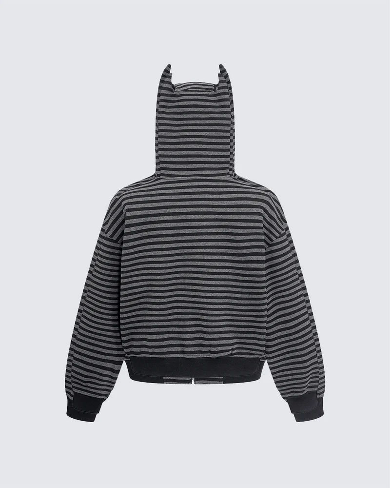 Devil-Horn Striped Hooded Jacket