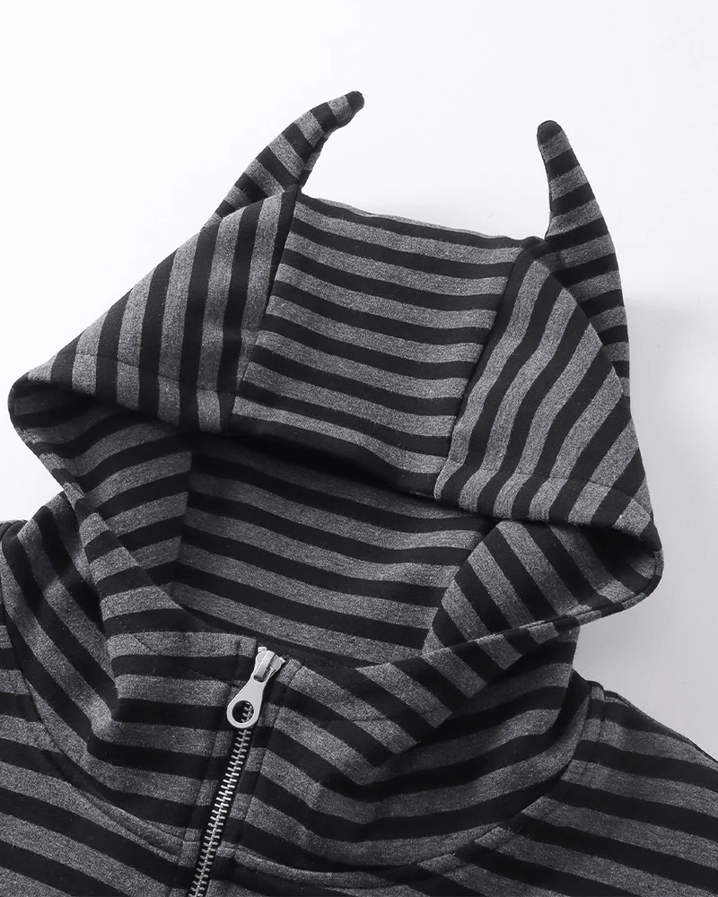 Devil-Horn Striped Hooded Jacket