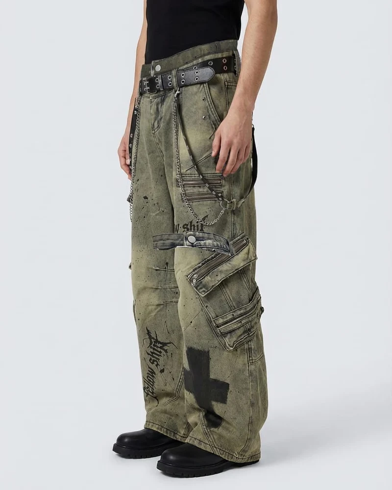 Dual-Waist Paint-Splash Cargo Pants