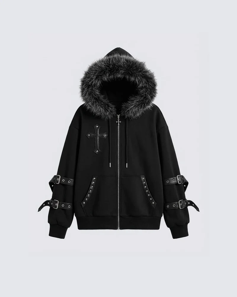 Cross Embroidered Faux Fur Hooded Jacket