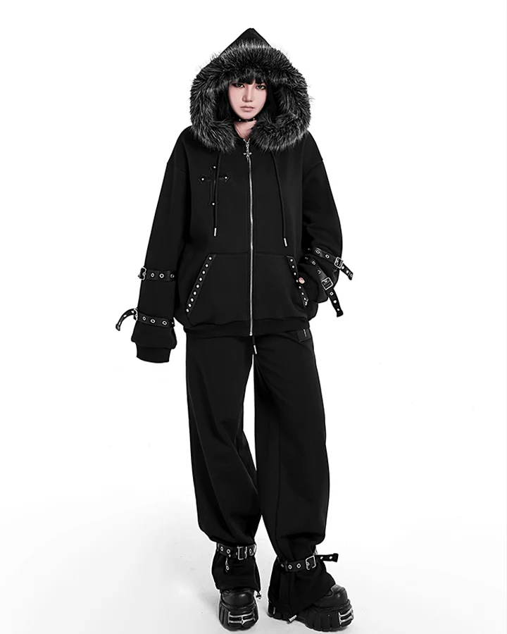 Cross Embroidered Faux Fur Hooded Jacket