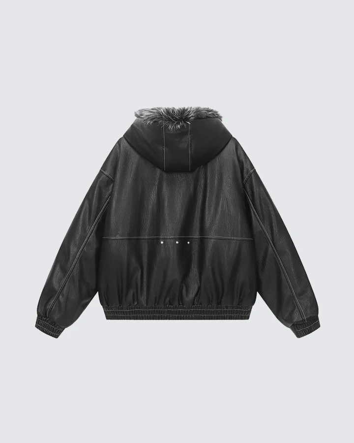Faux Leather Hooded Jacket with Fur Trim