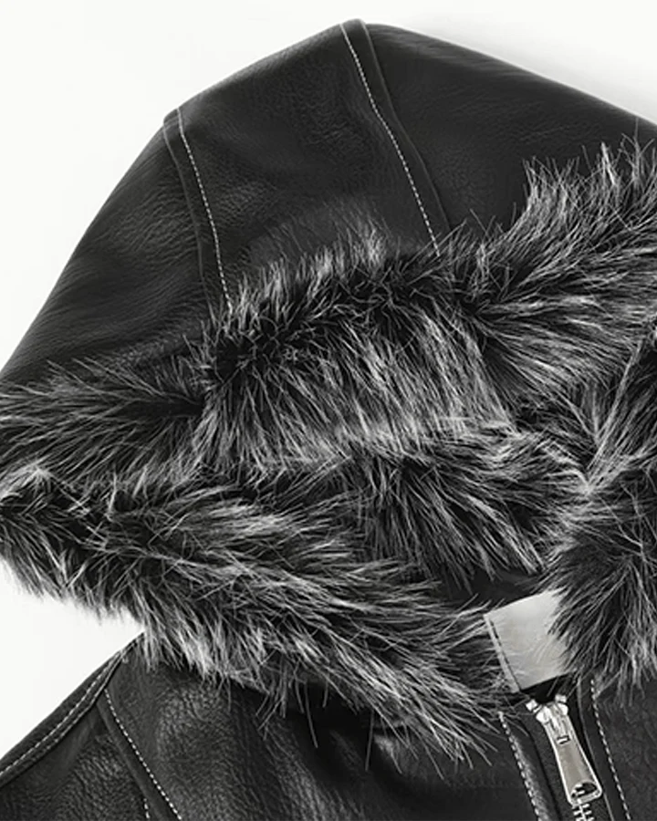 Faux Leather Hooded Jacket with Fur Trim