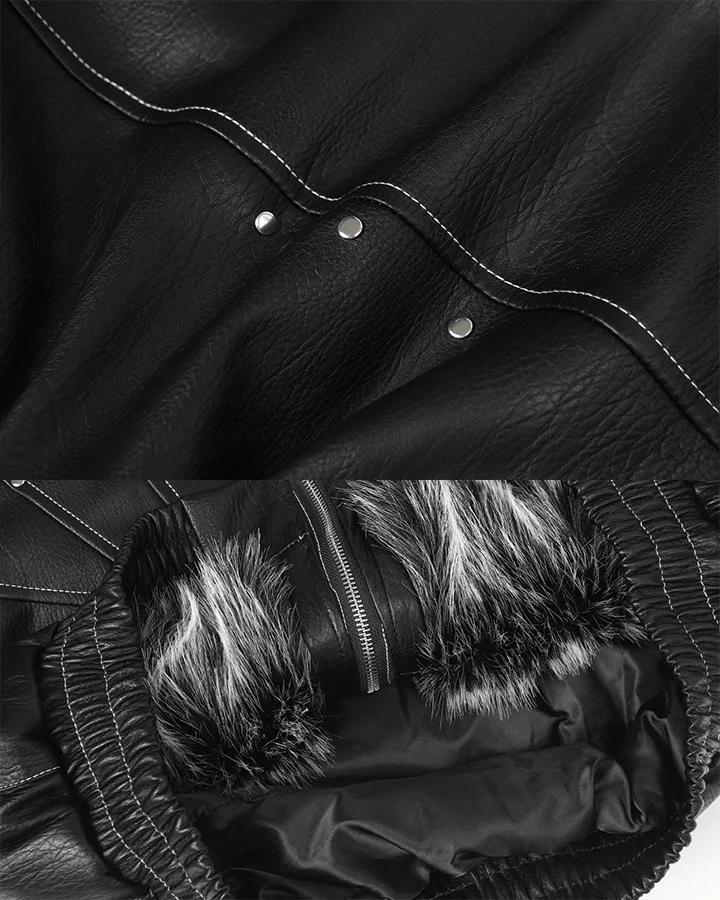 Faux Leather Hooded Jacket with Fur Trim
