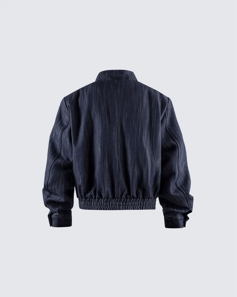 Denim Stand Collar Zip-Up Jacket