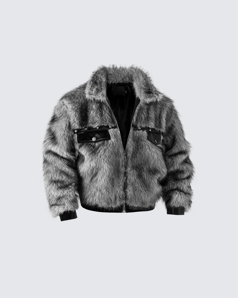 Faux Fur Bomber Jacket with Leather Details
