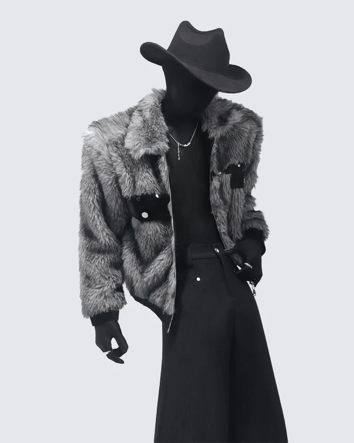 Faux Fur Bomber Jacket with Leather Details