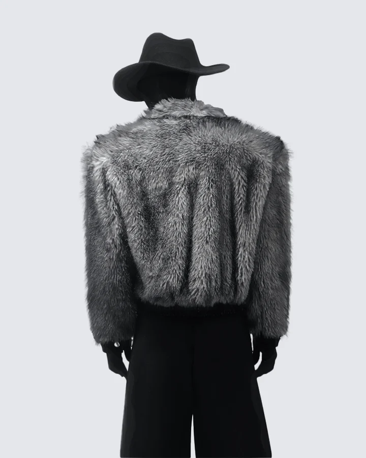 Faux Fur Bomber Jacket with Leather Details