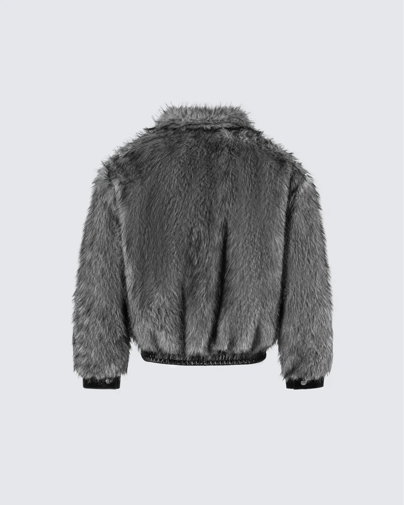 Faux Fur Bomber Jacket with Leather Details