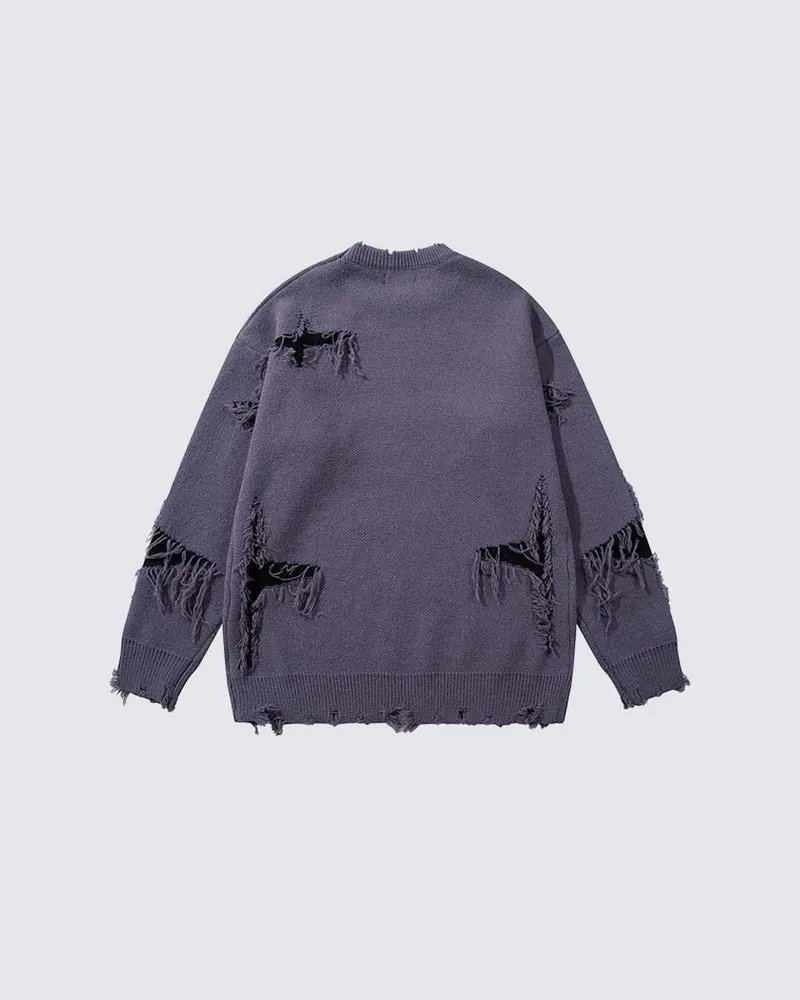 American Retro Skull Jacquard Raw-Edge Long-Sleeve Sweater