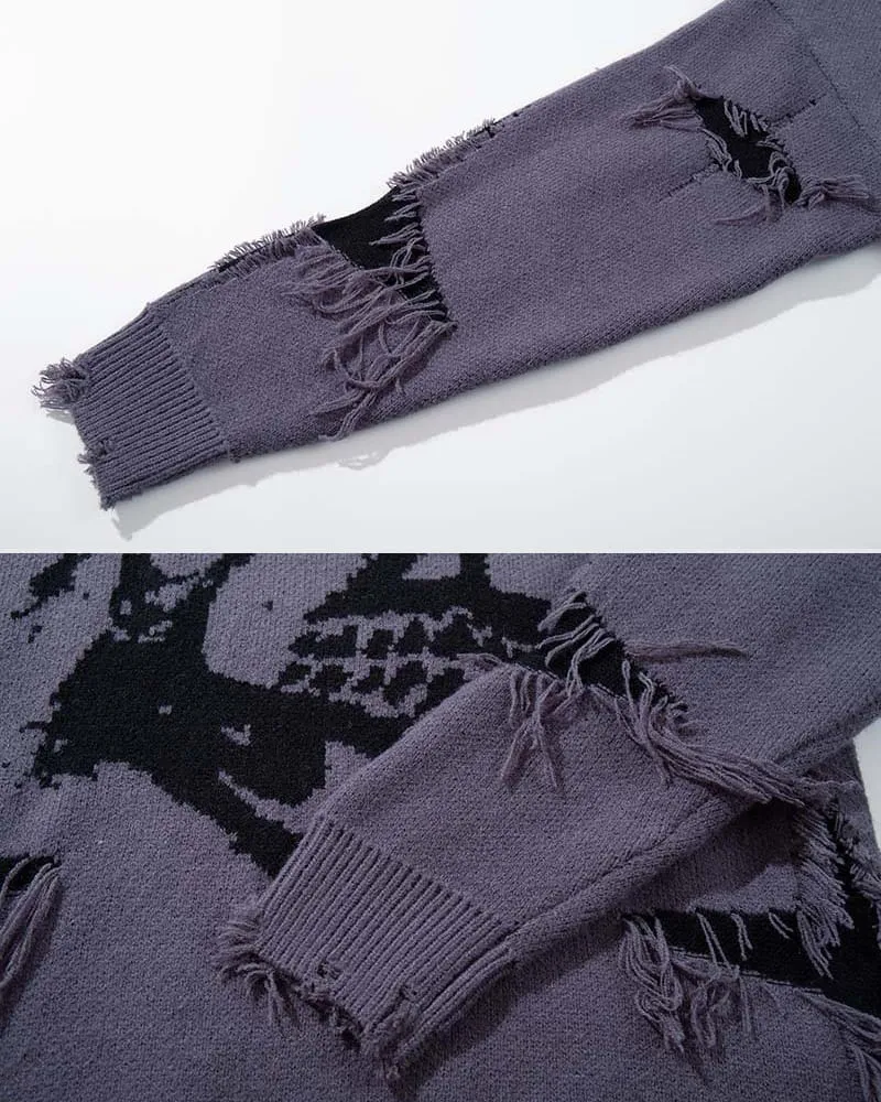 American Retro Skull Jacquard Raw-Edge Long-Sleeve Sweater