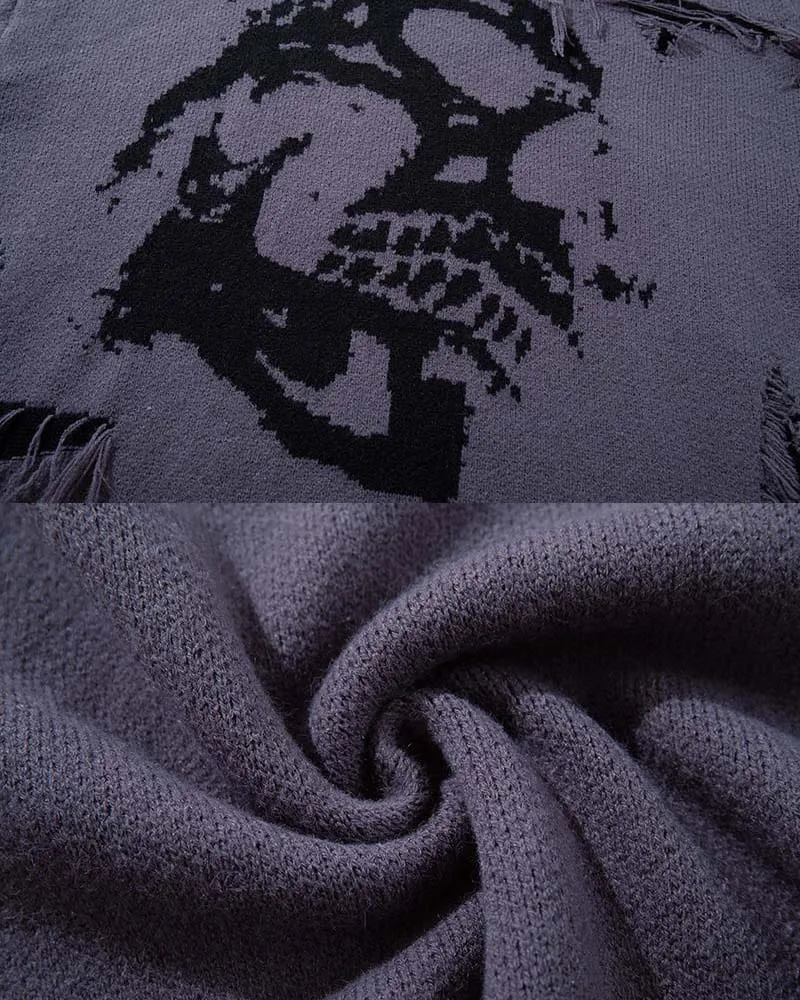 American Retro Skull Jacquard Raw-Edge Long-Sleeve Sweater
