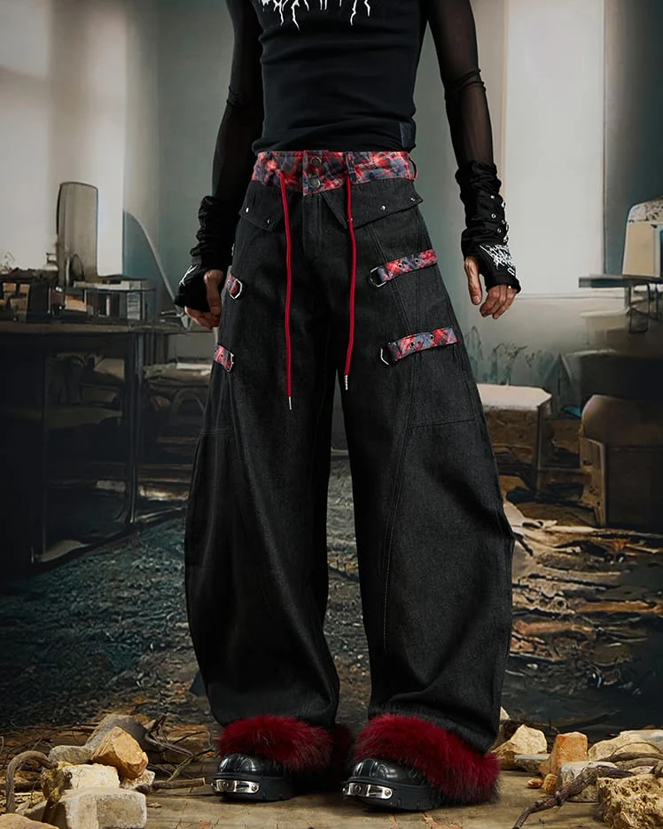 American Retro Plaid Patchwork Denim Pants