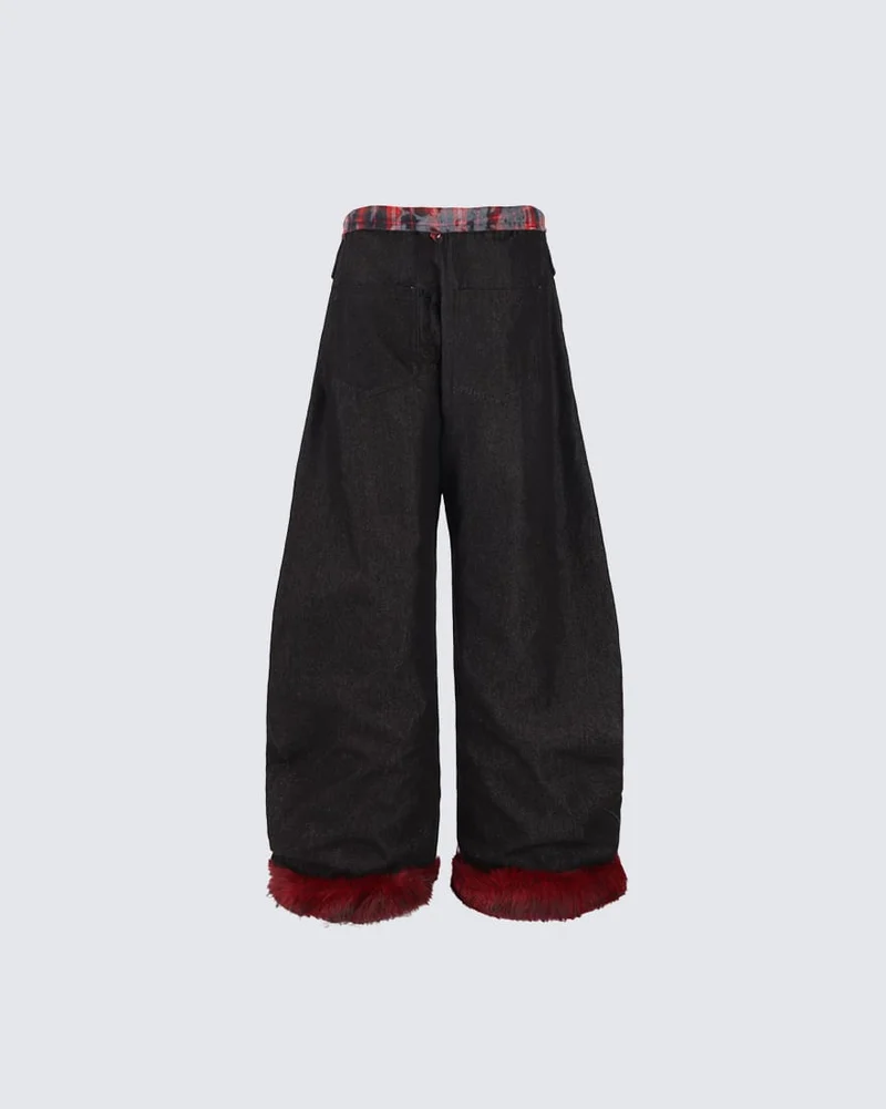 American Retro Plaid Patchwork Denim Pants