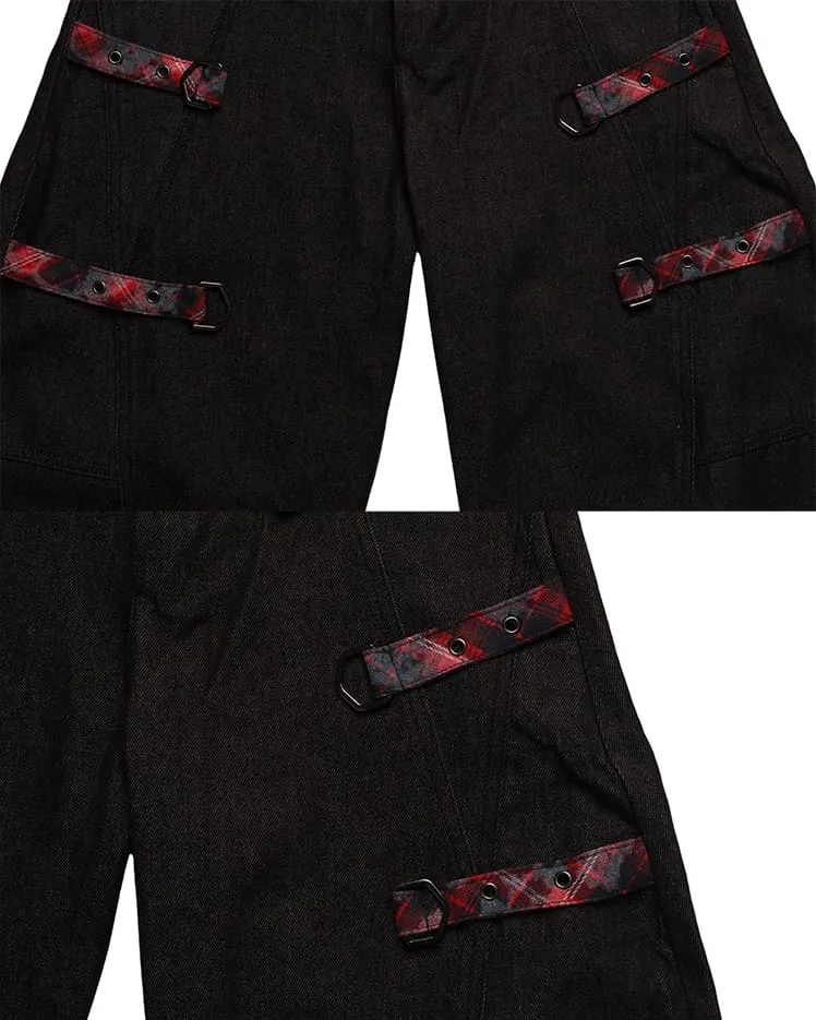 American Retro Plaid Patchwork Denim Pants