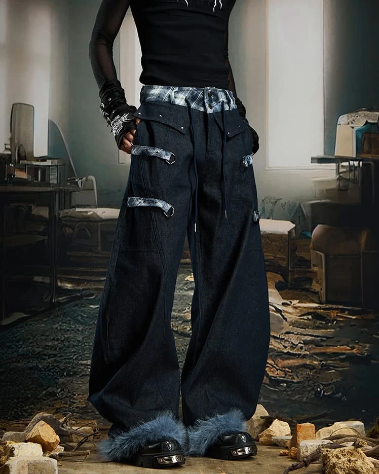 American Retro Plaid Patchwork Denim Pants