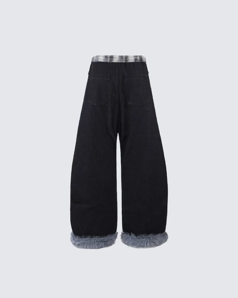 American Retro Plaid Patchwork Denim Pants