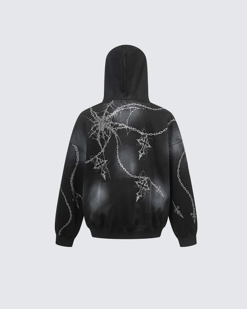 High-Street American Distressed Chain Cross Hoodie
