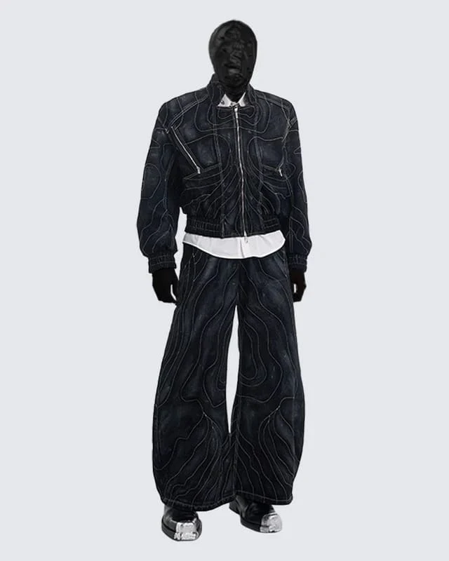 Retro Denim Jacket and Wide-Leg Jeans Set