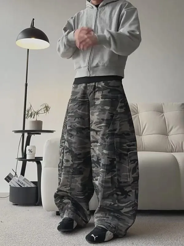 Camouflage Cargo Pants with Fur-Collar Jacket