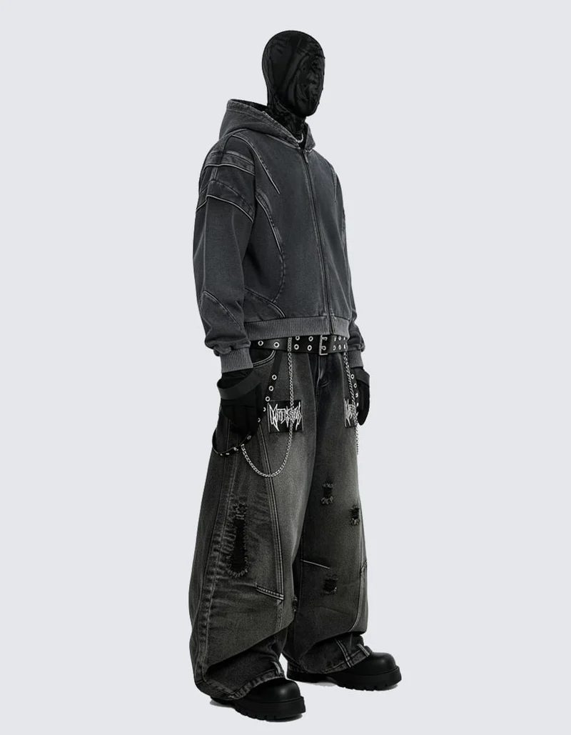 American Avant-Garde Washed Distressed Deconstructed Armor Hoodie Set