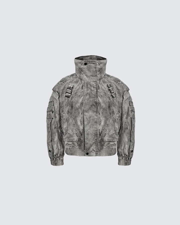 Vintage Washed High-Collar Utility Jacket