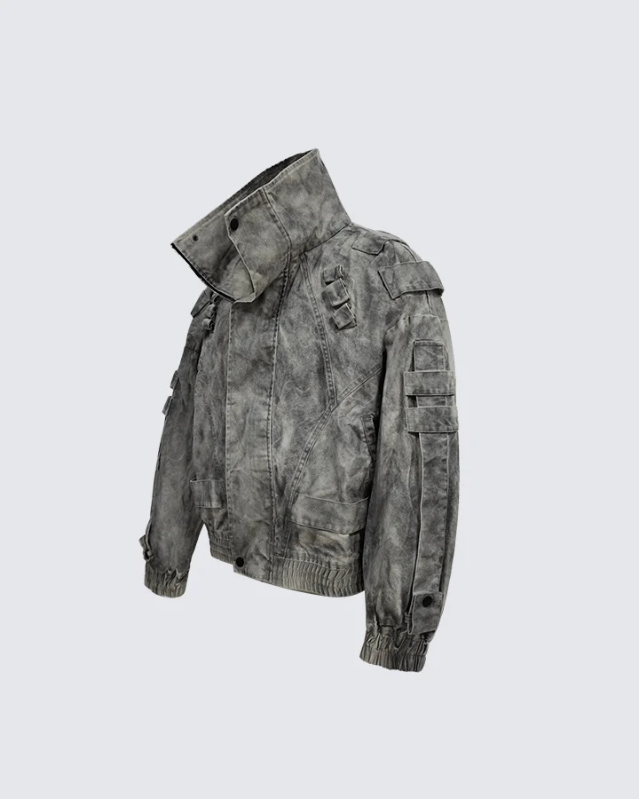 Vintage Washed High-Collar Utility Jacket