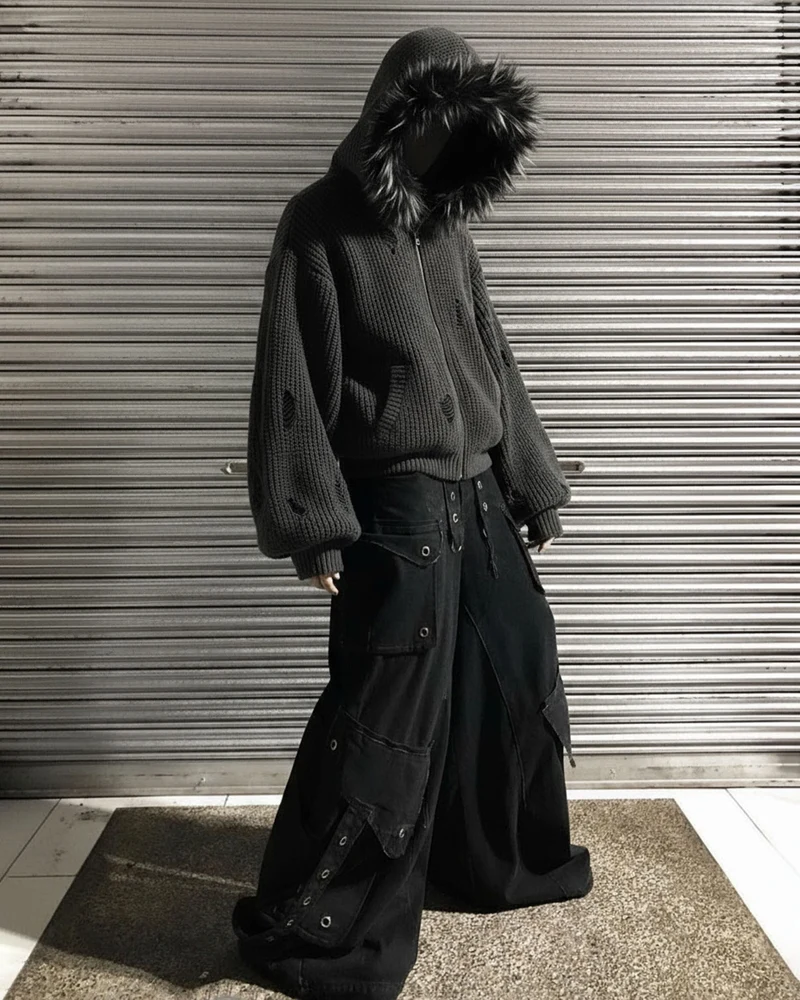 KIIKIO Destroyed Knitted Sweater Plush Coat