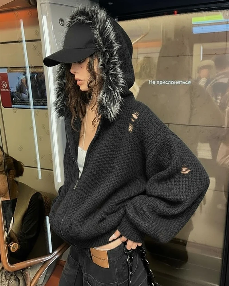 KIIKIO Destroyed Knitted Sweater Plush Coat