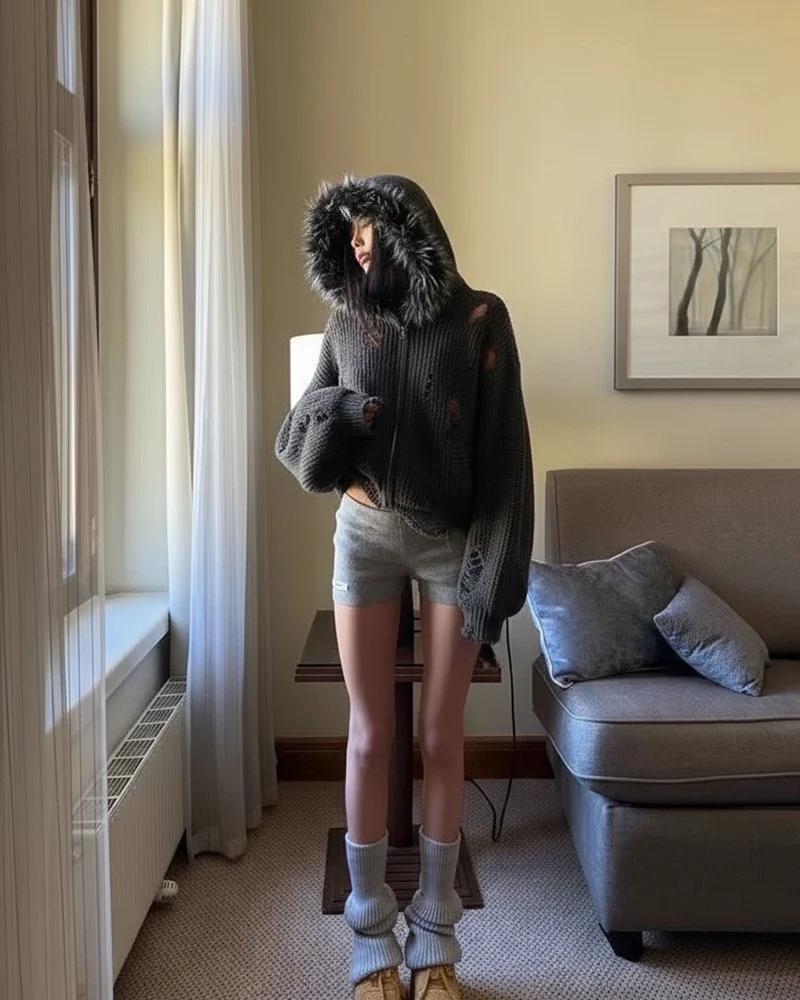 KIIKIO Destroyed Knitted Sweater Plush Coat