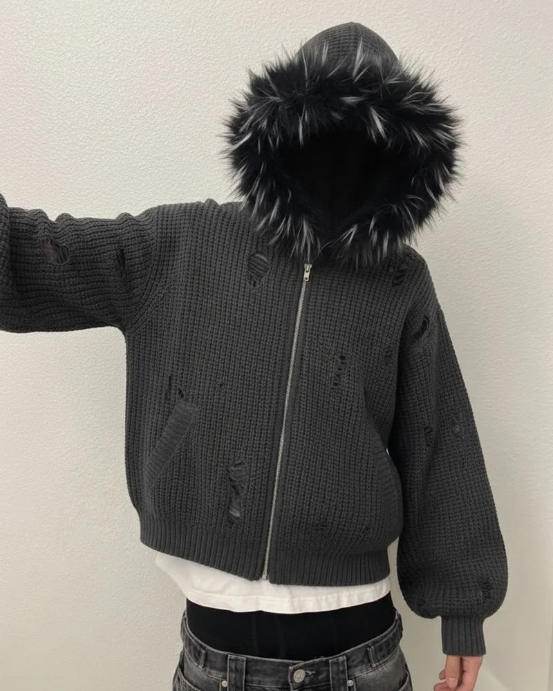 KIIKIO Destroyed Knitted Sweater Plush Coat